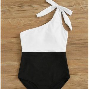 Two Tone Tie Shoulder One Piece Swimsuit